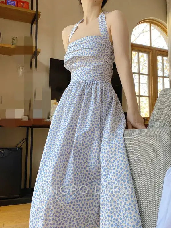 TingPo Wholesale Elegant Blue Halter Neck Vintage Dress with Floral Print
